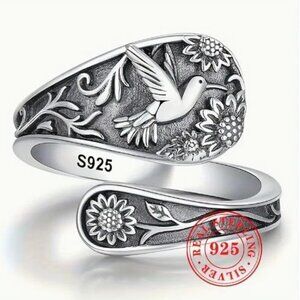 925 Sterling Silver Bohemian Leaf Flower Bird Carving Ring Open Adjustable NEW